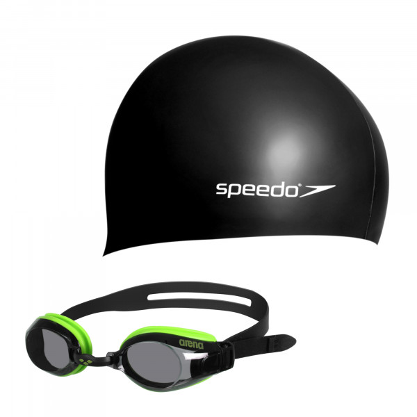 Speedo Plain flat Silicone Cap Black mit arena Zoom X-Fit green-smoke-black